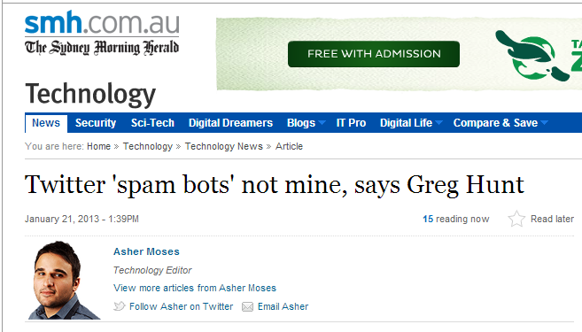Twitter 'spam bots' not mine, says Greg Hunt.