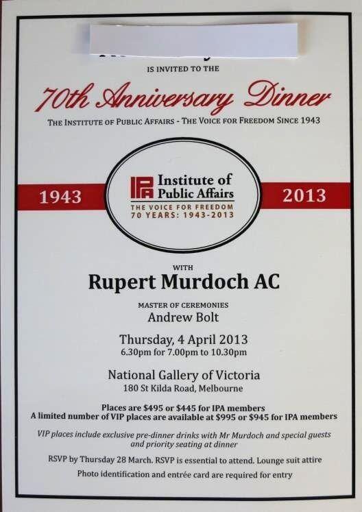 IPA 70th Anniversary dinner attended by Murdoch, Rinehart, Pell, Abbott, Bolt,