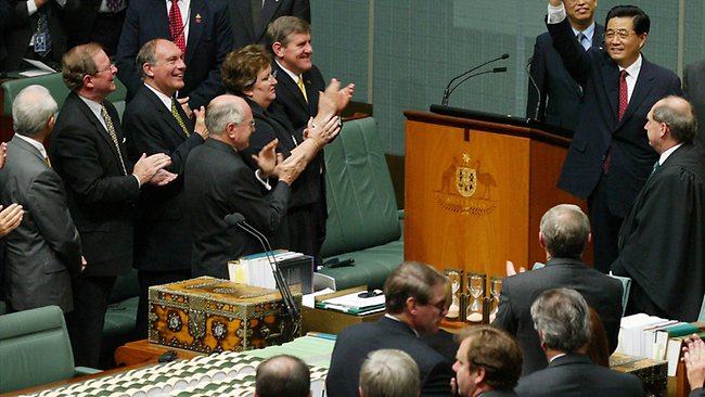 Chinese President Hu Jintao addressed parliament during his 2003 visit, which marked a shift in China's attitude to Australia. Picture: AP Source: AP