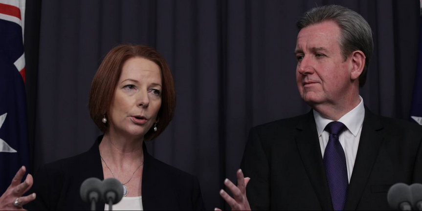PM Julia Gillard, NSW Premier Barry O'Farrell and NSW Disability Services Minister Andrew Constance at NDIS press conference in Canberra on Thursday 6 December 2012. Photo: Alex Ellinghausen