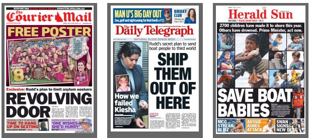 Australian Newspaper Front Pages for 19 July 2013 - Just an example of the top 3, all featuring the Asylum Seeker problem, not the only ones, I suggest you visit http://www.thepaperboy.com/australia/front-pages.cfm for a snapshot around the country :( 