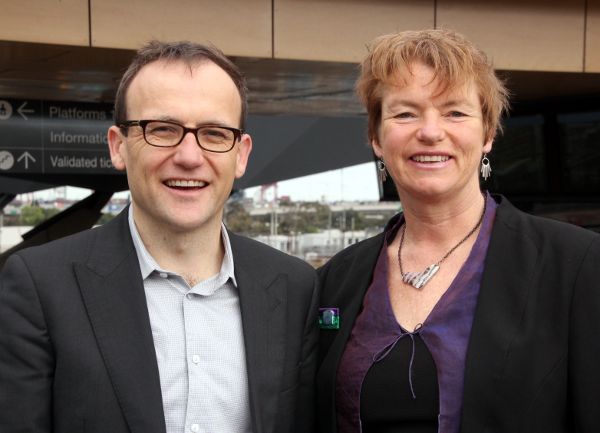 Deputy leader of the Greens and Member for Melbourne, Adam Bandt with Greens Senate candidate Janet Rice launching Melbourne transport policy