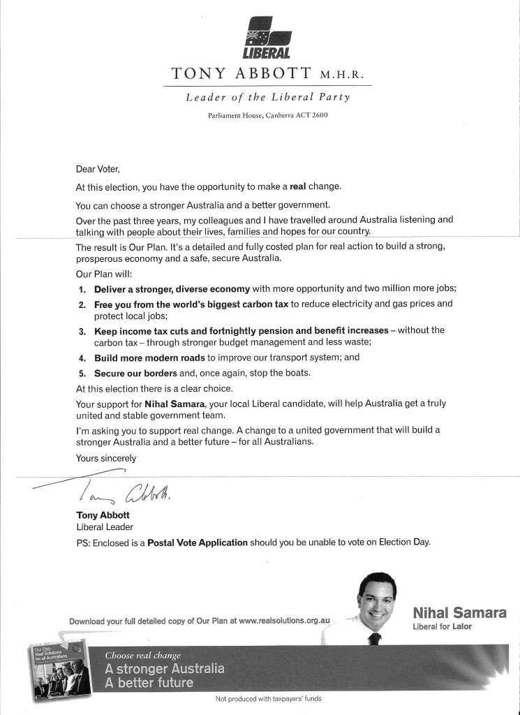 Tony Abbott's letter to voters in Julia Gillard's old seat of Lalor.