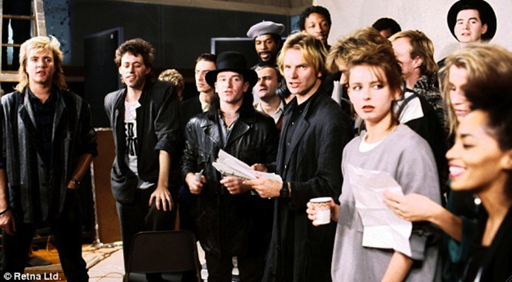 Protesters or performers? The recording session of "Do They Know It's Christmas?" in 1984.