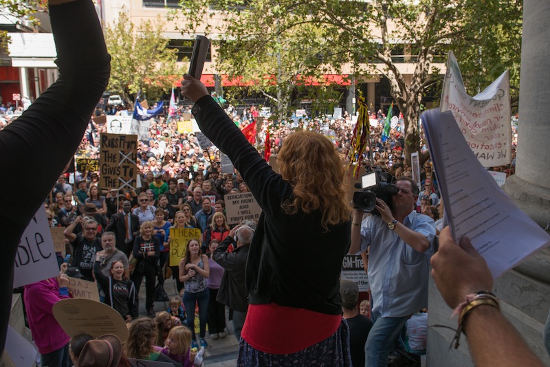 Grace Hill addresses the Adelaide March in March rally.