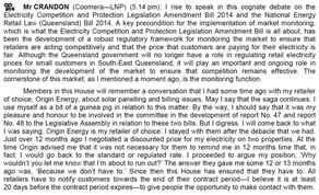LNP MP Michael Crandon used the reading of a bill to air his grievance with Origin Energy. Hansard September 10, 2014