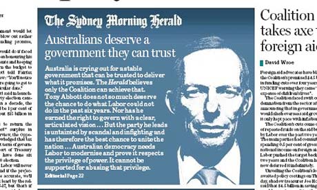 The Sydney Morning Herald editorial on its front page.