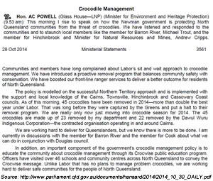 Qld Parliament Hansard, October 28 2014: Crocodile Management