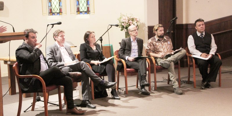 Candidates at Brunswick Forum L to R: Ward Young (Animal Justice Party), Peter Allan (Community Independent for Northern Metro Region), Jane Garrett MP (ALP), Tim Read (the Greens), Dean O'Callaghan (Save the Planet), Giuseppe Vellotti (Liberal Party)