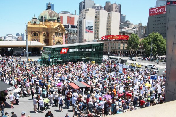 Crowd at Federation Square in Melbourne on Sunday protesting against Abbott Government ABC cuts. Photo John Englart