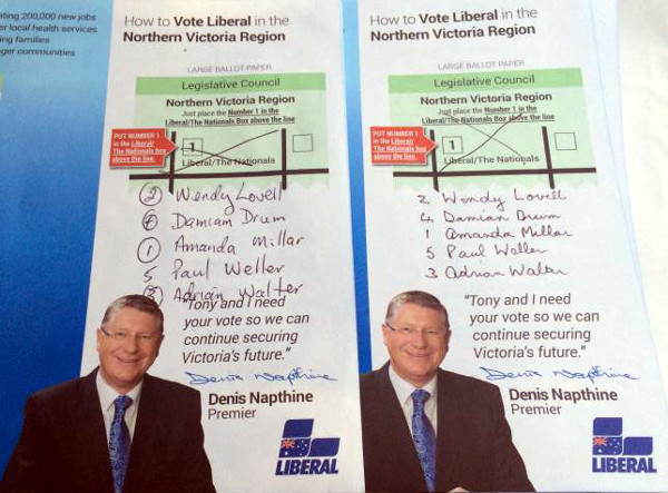 How-to-vote cards in Wangaratta altered by more than one Liberal Party volunteer.