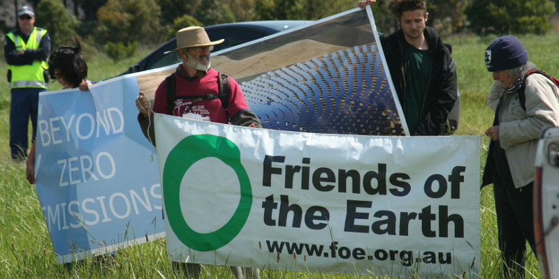 Friends of the Earth banner outside Hazelwood coal fired power station in 2010. Photo: John Englart