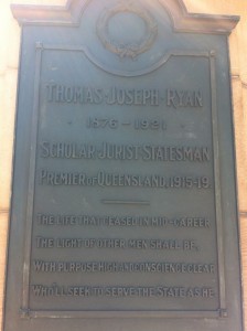 Plaque on the statue dedicated to Premier TJ Ryan.