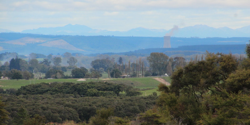 Green fields north of Rotorua and the cooling tower of Ohaaki Geothermal power station in the middle distance. Photo: John Englart