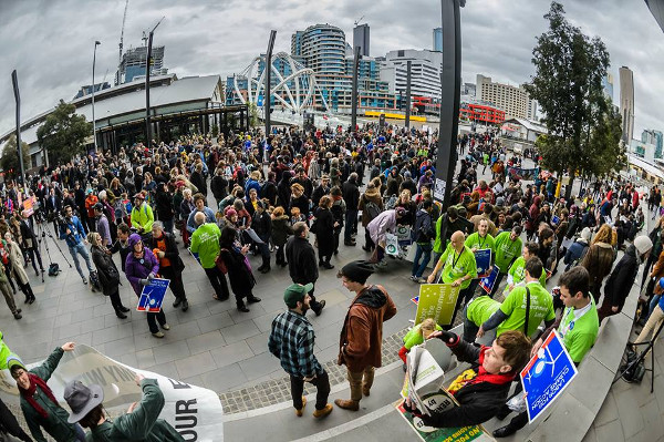 Climate campaigners rally outside the ALP National Conference in Melbourne Photo: Sally Newell