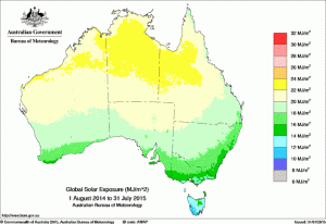 Australian Bureau of Meteorology map of annual average solar radiation energy 1 August 2014 to 31st July 2015