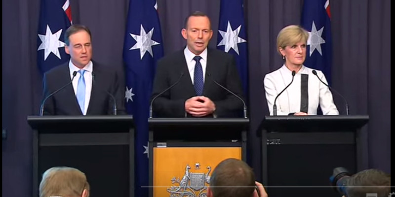 Greg Hunt, Tony Abbott and Julie Bishop announcing Australia's post 2020 climate targets.