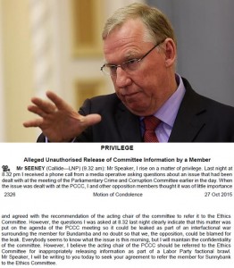 Jeff Seeney used privilege to inform the House of a phone call from a media operative. 