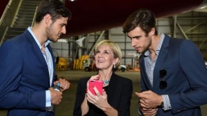 Foreign Minister Julie Bishop speaks with Australian Models Jordan and Zac Stenmark at the launch of the G’Day USA program in Sydney. Picture: AAP/Dan Himbrechts