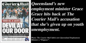 Queensland’s new employment minister Grace Grace hits back at The Courier Mail’s accusation that she’s given up on youth unemployment.