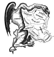 The first gerrymander: "Printed in March 1812, this political cartoon was drawn in reaction to the newly drawn state senate election district of South Essex created by the Massachusetts legislature to favor the Democratic-Republican Party candidates of Governor Elbridge Gerry over the Federalists." Source: Wikimedia Commons.