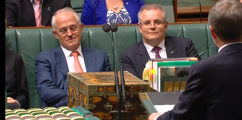 Malcolm Turnbull and Scott Morrison during Bill Shorten's budget reply speech