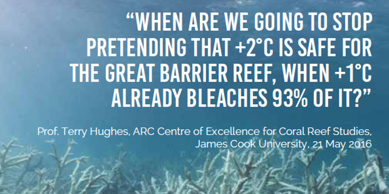 Warmer sea surface temperatures threaten coral reefs. 2C is too hot warns Professor Terry Hughes