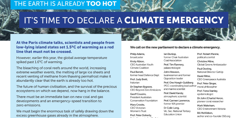 Eminent Australians open letter calls for climate emergency