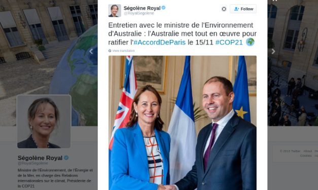 Tweet reveals Australia’s efforts to ratify #ParisAgreement by 15 November at #COP22 – @takvera