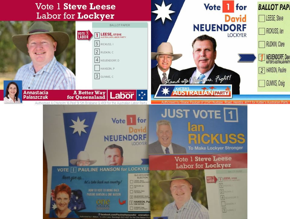 How-to-vote cards from the 2015 Queensland election for the electorate of Lockyer